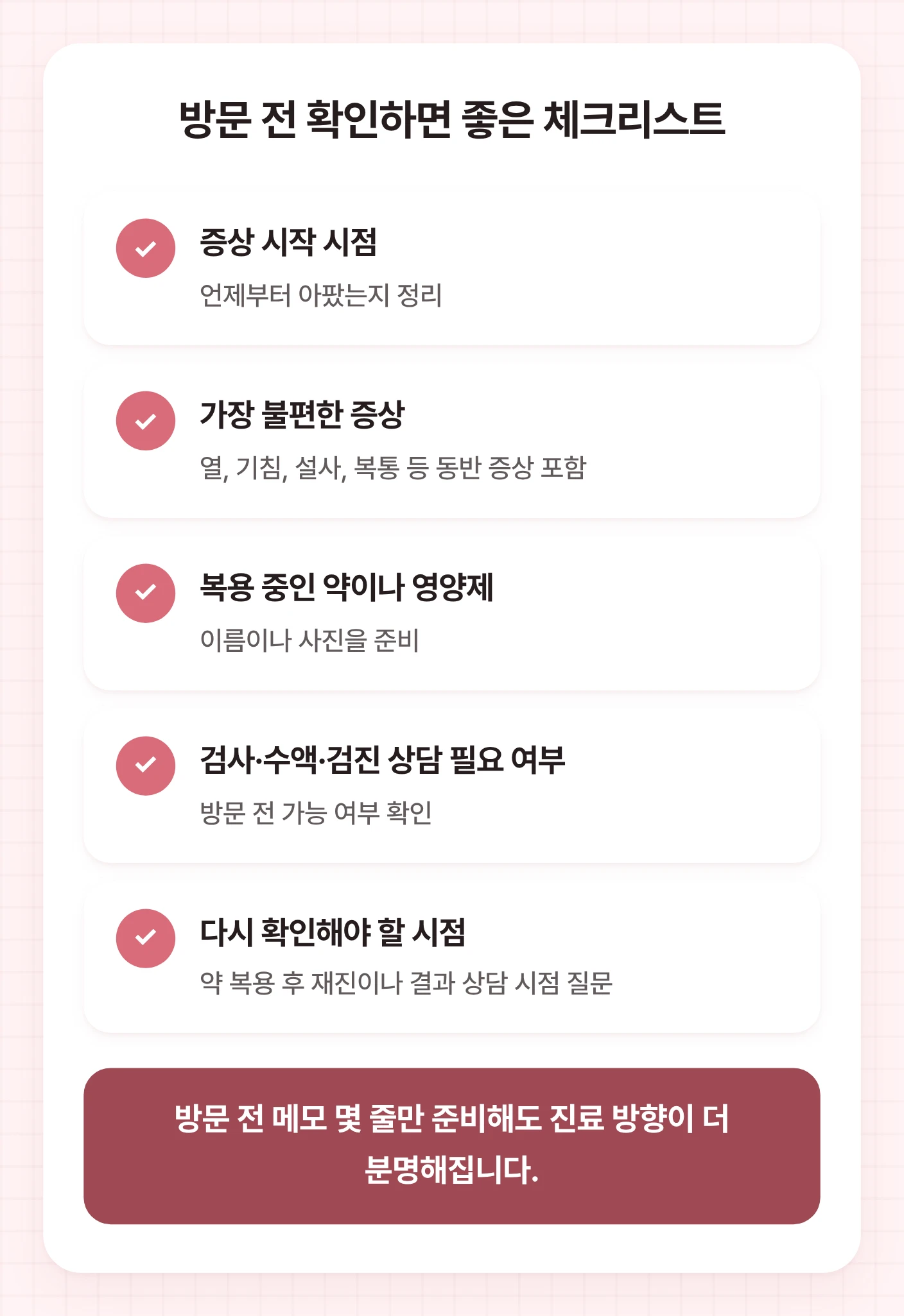 송파구내과 방문 전 증상 시작 시점, 복용약, 검사 상담 필요 여부, 재확인 시점을 정리하는 체크리스트